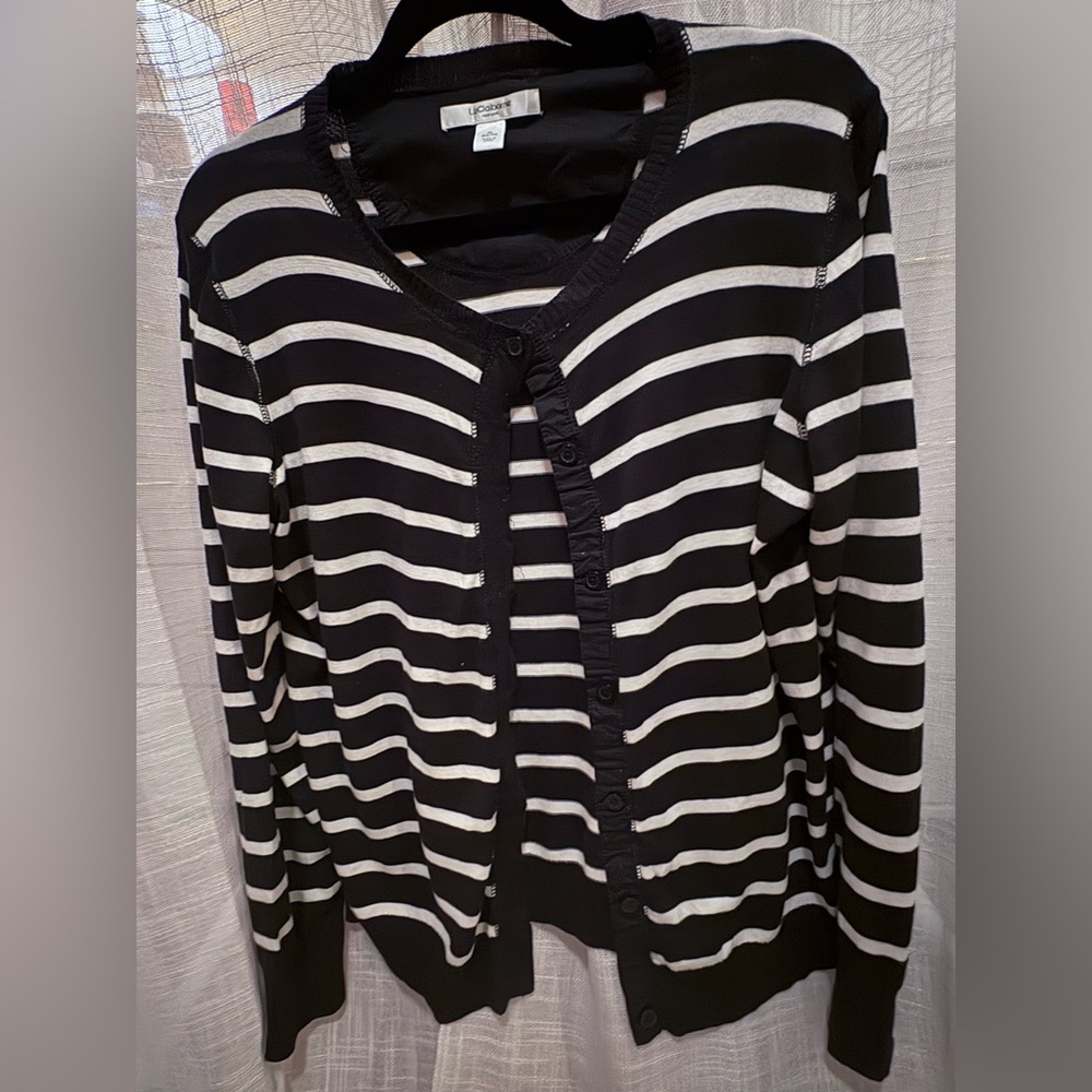 Liz Claiborne Black & White Striped Button Down Cardigan Sweater
